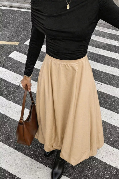 High-Waisted A-Line Midi Skirt - Tan - View 3