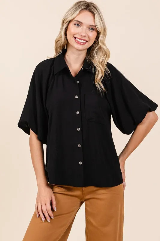 Mittoshop Airflow Short Bubble Sleeve Button Down Shirt - Black - View 3