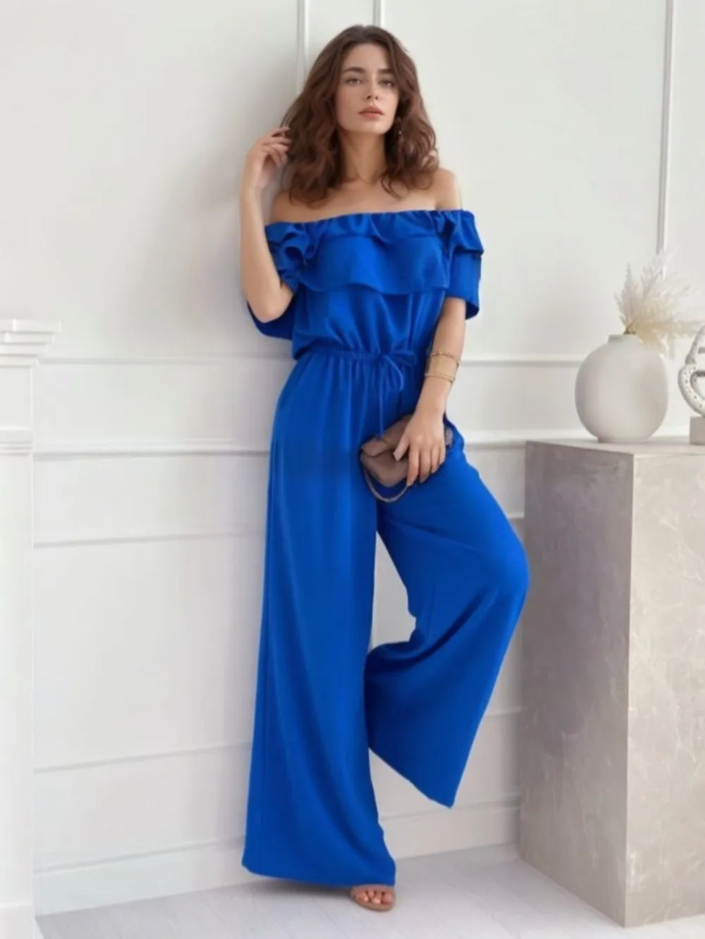 Ruffled Off-Shoulder Wide Leg Jumpsuit - Royal Blue - View 5