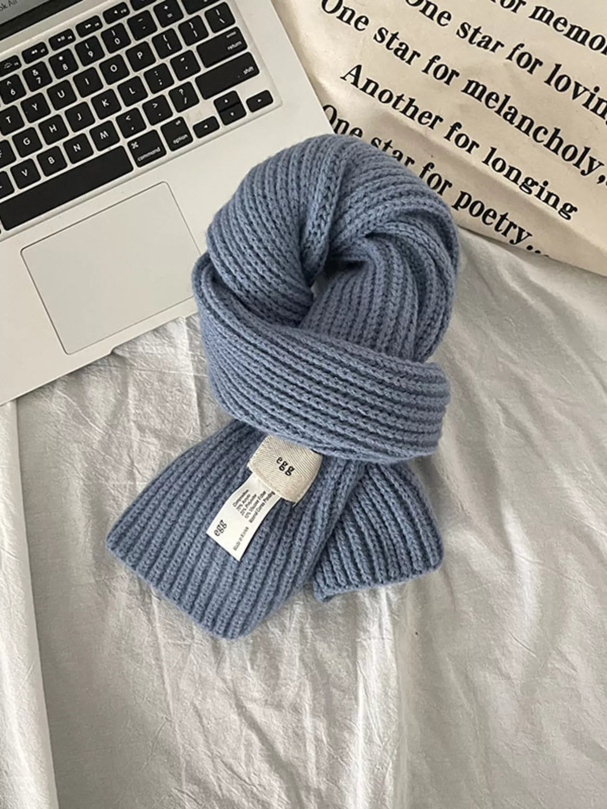 Knitted Ribbed Scarf - Haze Blue - View 3