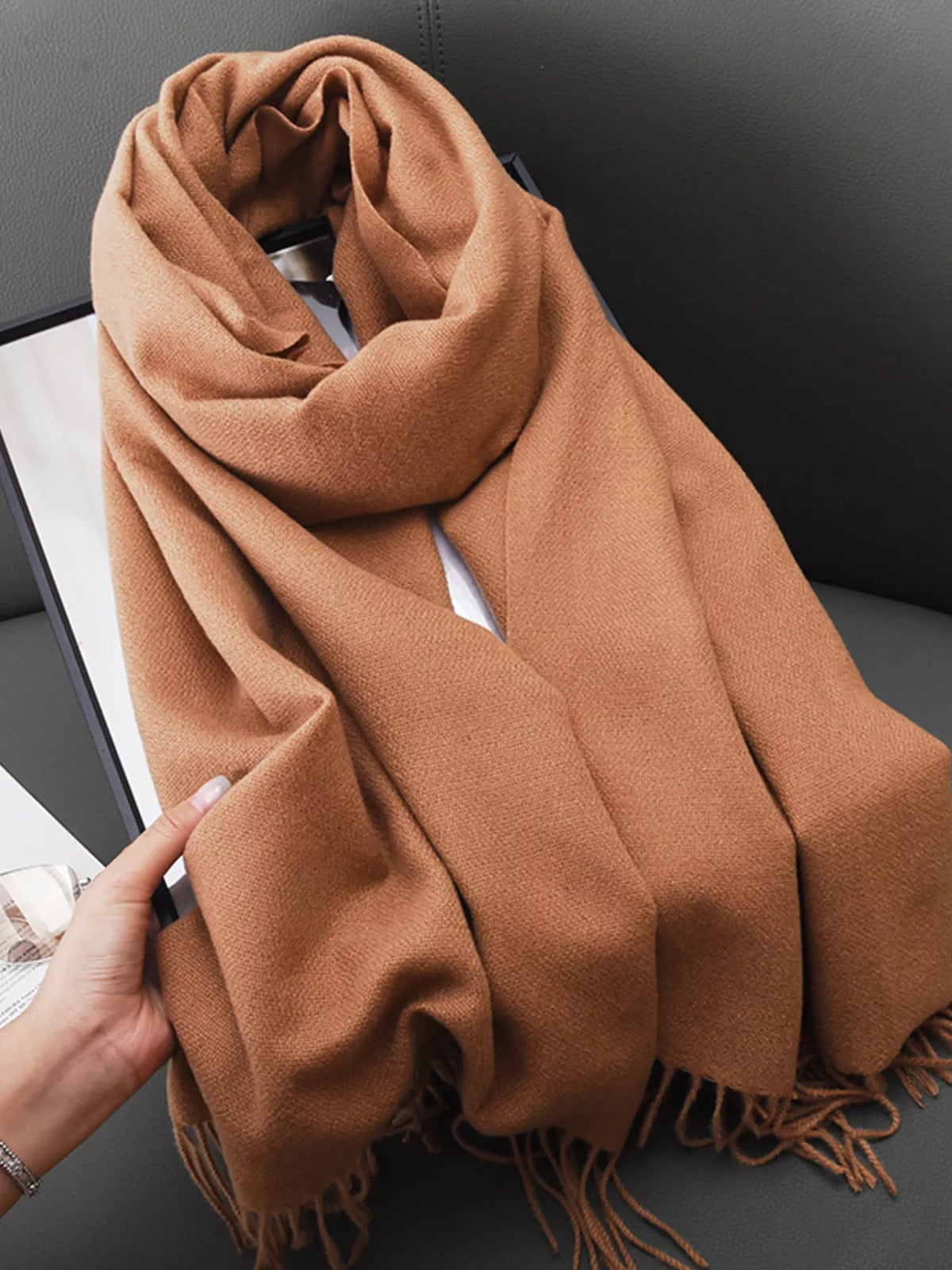 Solid Color Fringe Scarf - Khaki - View 8