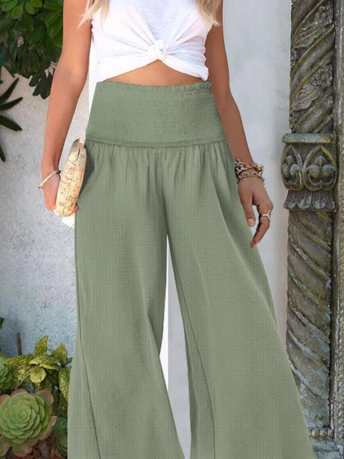 Wide-Leg Smocked Waist Pants - Light Green - View 8