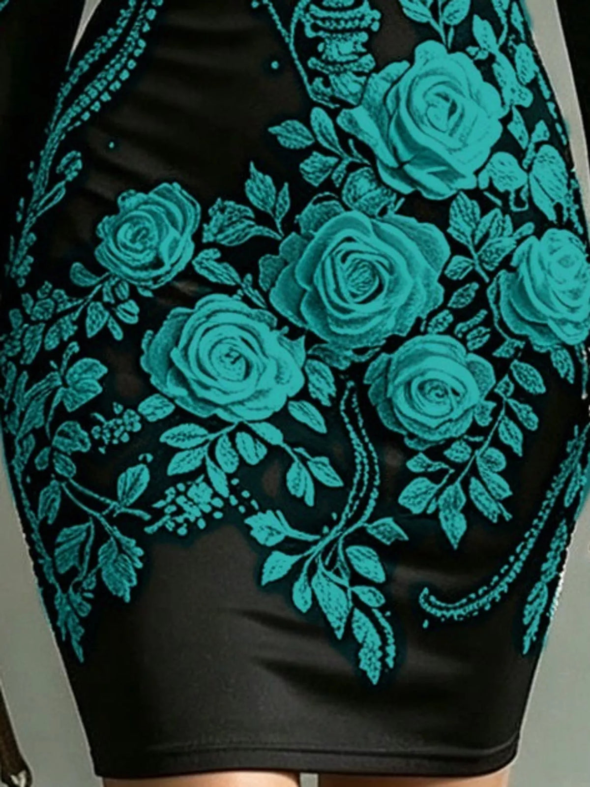 Skeleton Floral Long Sleeve Bodycon Dress - Teal - View 17