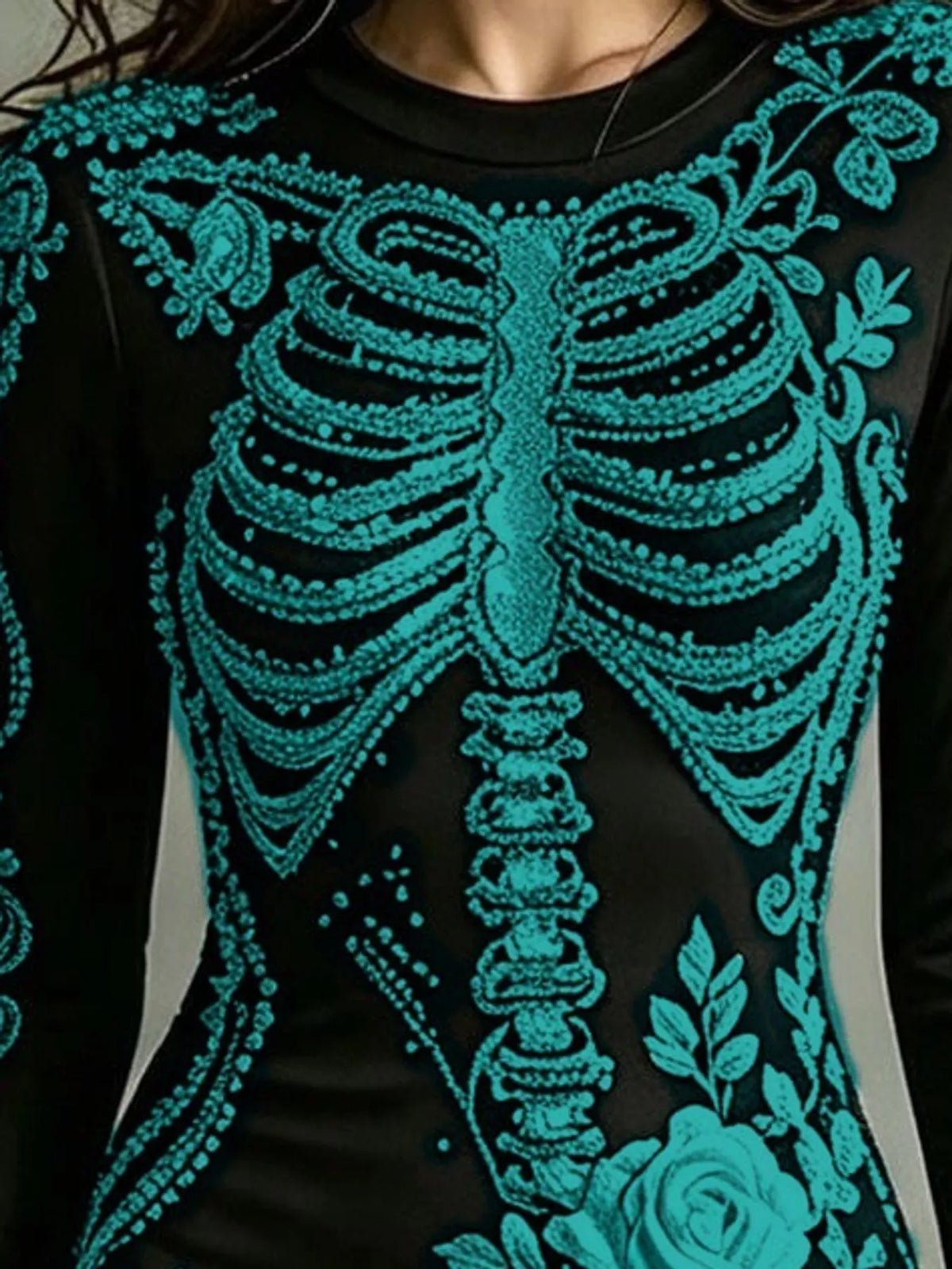 Skeleton Floral Long Sleeve Bodycon Dress - Teal - View 16