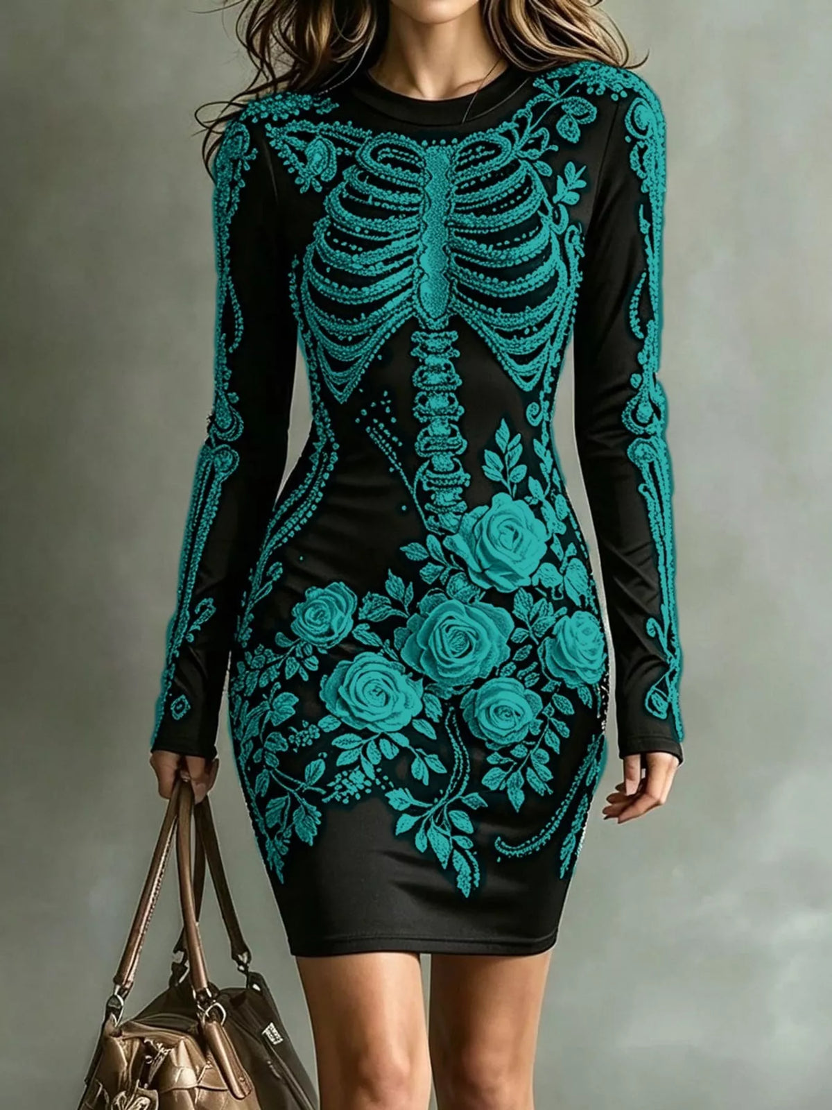 Skeleton Floral Long Sleeve Bodycon Dress - Teal - View 15