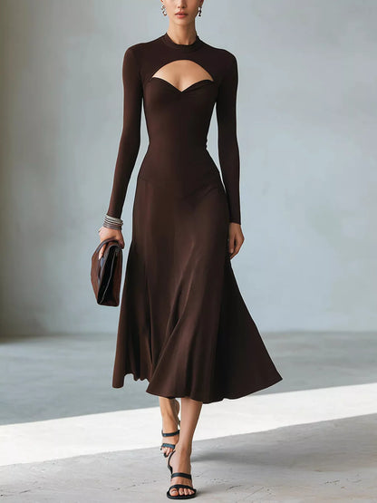 Full Size Mock Neck Cut-Out Long Sleeve Midi Dress Plus Size - Dark Brown - View 1
