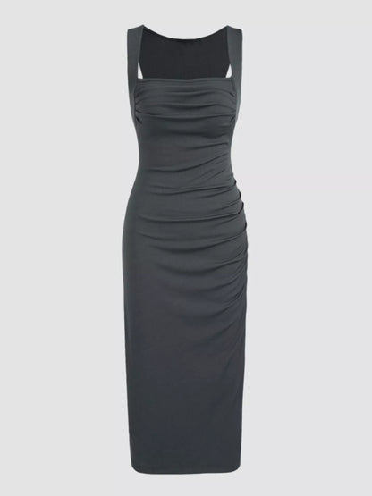 Sleeveless Ruched Bodycon Midi Dress - Grey - View 4