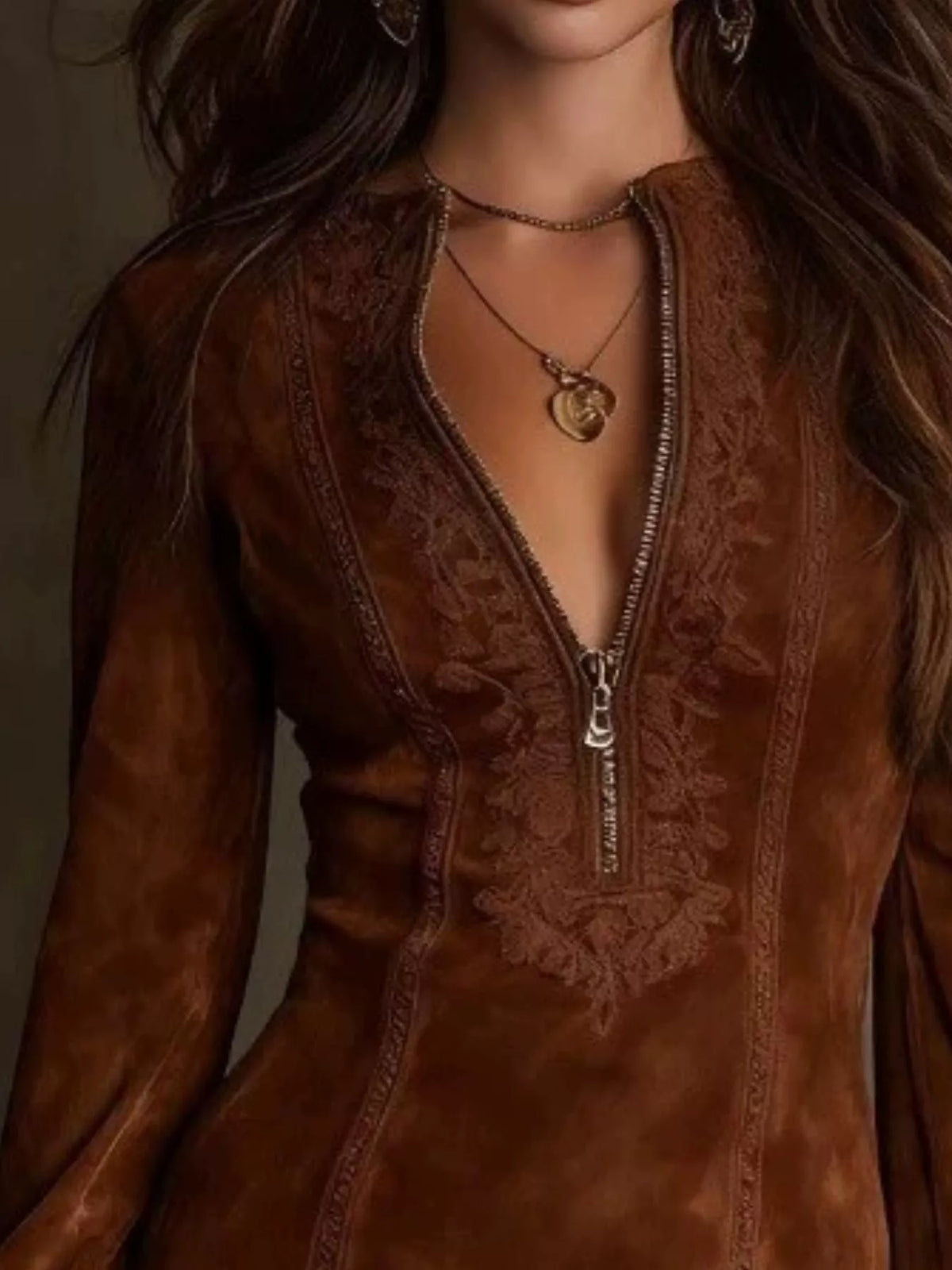Full Size Zip-Front Long Sleeve Mini Dress Plus Size - Dark Brown - View 2