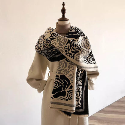Rose Pattern Raw Hem Scarf - Black - View 2