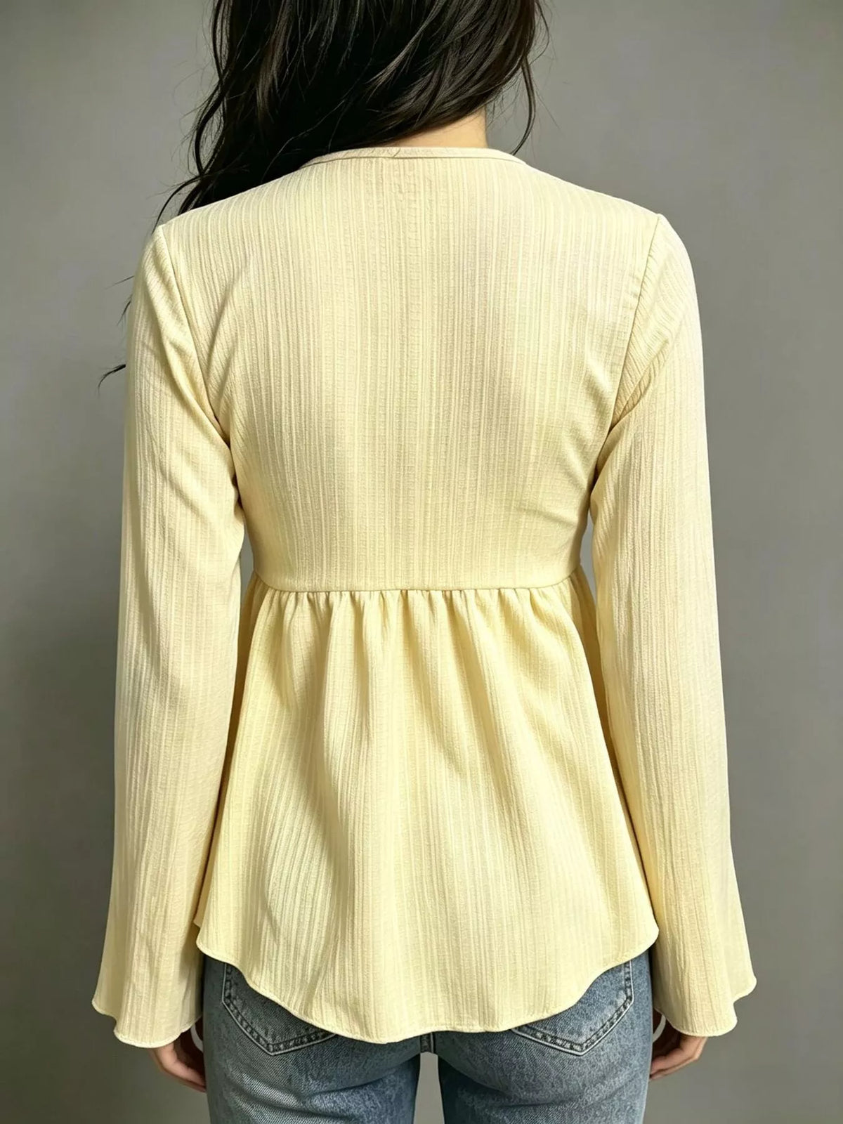 Tie-Front Flare Sleeve Blouse - Light Yellow - View 2