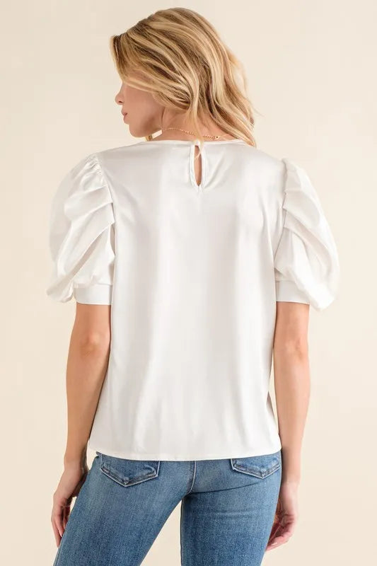 And The Why Plain Satin Puff Shirring V Neck Blouse Top - WHITE - View 3