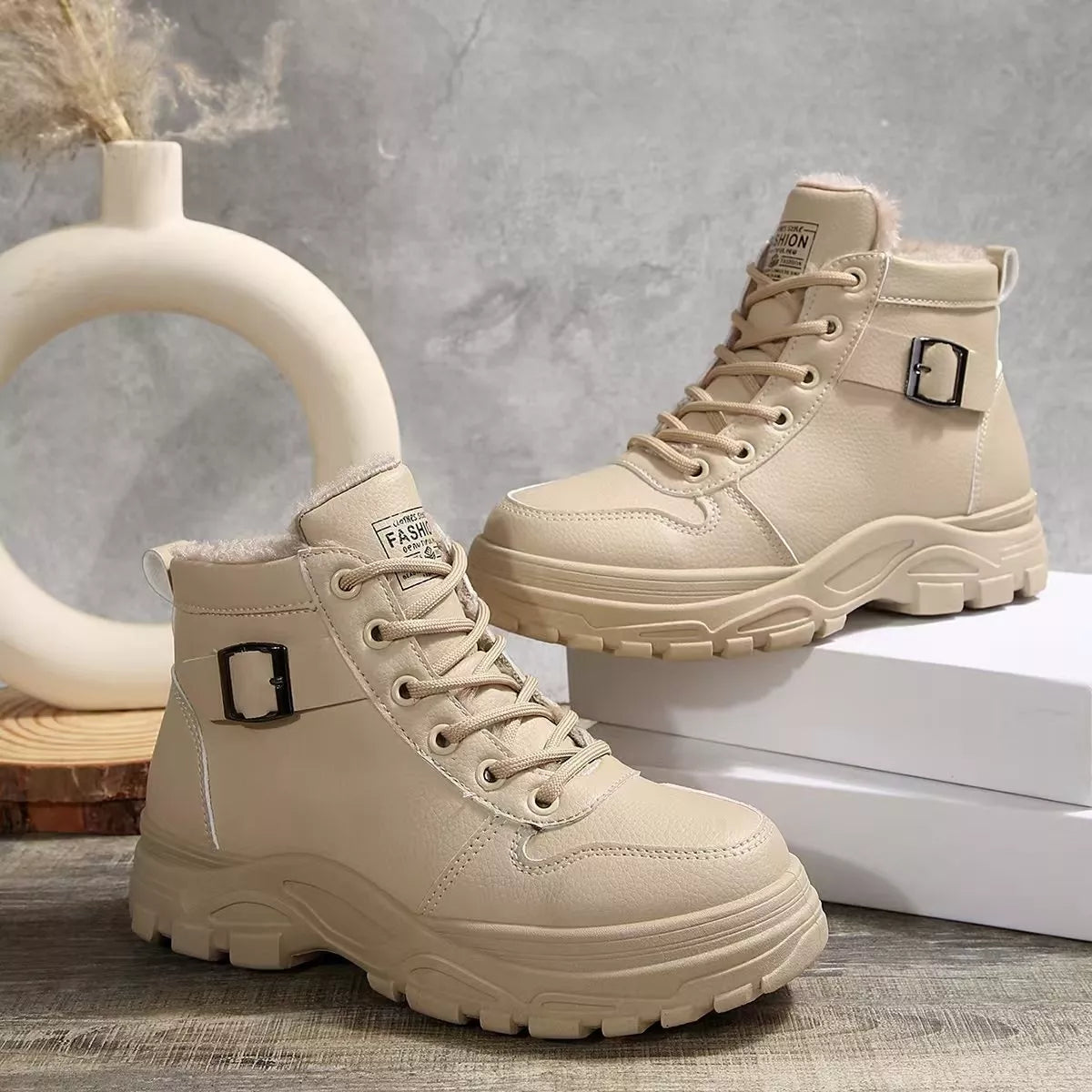 Lace-Up Ankle Boots with Buckle Detail - Khaki - View 3