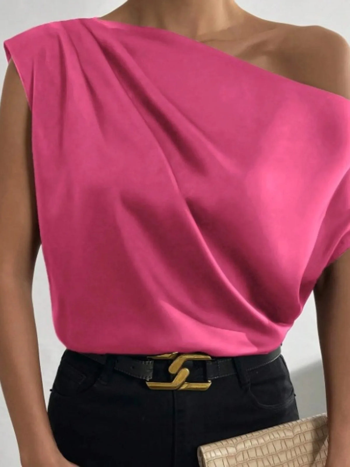Asymmetrical One-Shoulder Draped Blouse - Rose Red - View 11