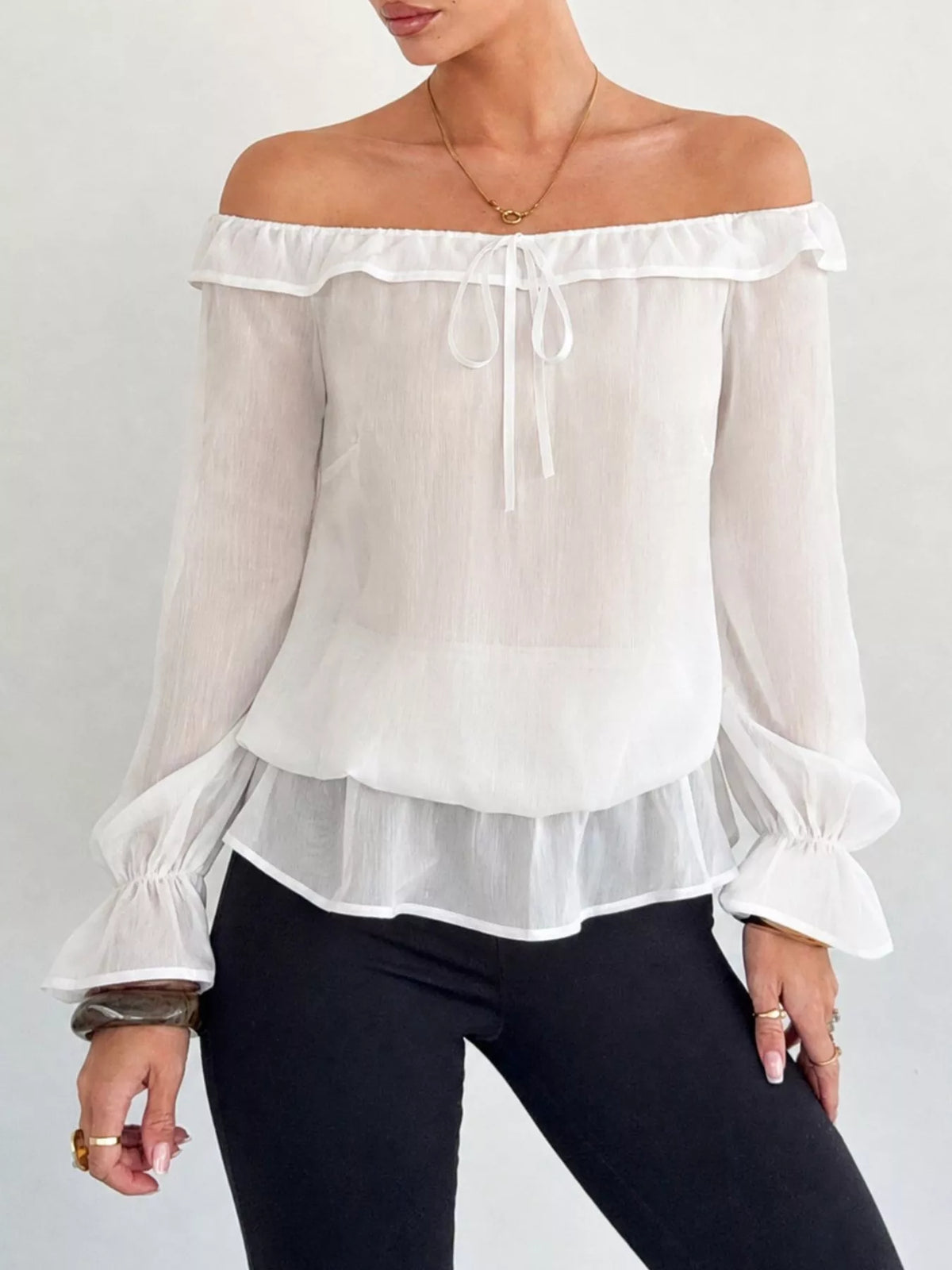 Off-Shoulder Flounce Sleeve Chiffon Blouse - White - View 3