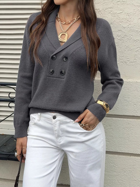Double-Breasted Shawl Collar Sweater - Dark Gray - View 1