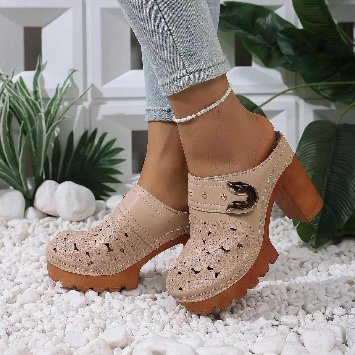 Round Toe Block Heels Sandals - Beige - View 12