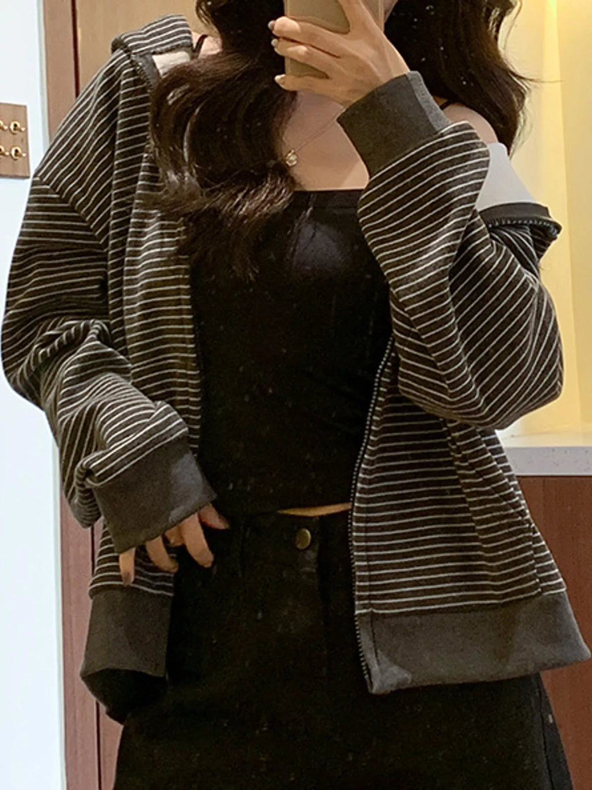 Striped Zip-Up Hoodie - Dark Gray - View 9