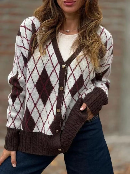 Full Size Argyle Pattern V-Neck Button-Down Knit Cardigan Plus Size - White - View 1