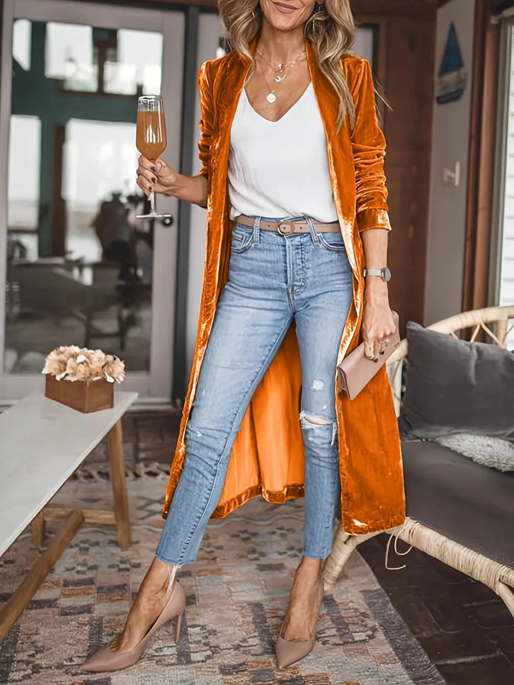 Open Front Long Sleeve Coat - Terracotta - Alternate Styled Front View