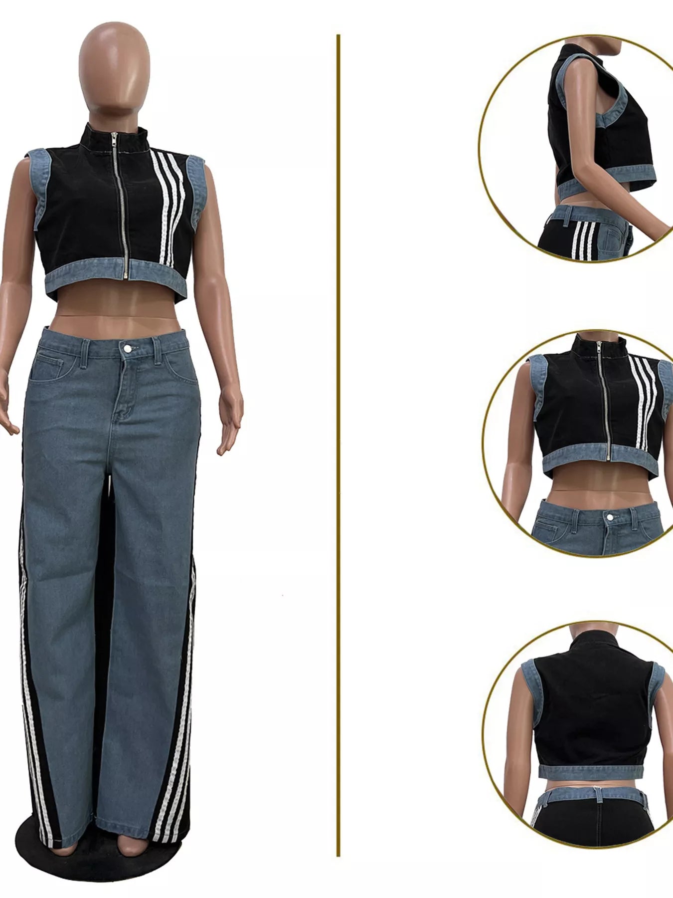 Zip Front Crop Top and Striped Pants Set - Black - Mannequin Detail Views