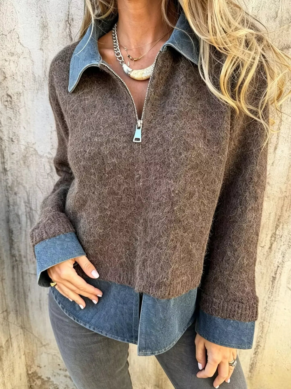 Contrast Denim Collar Half-Zip Knit Sweater - Coffee Brown - View 1