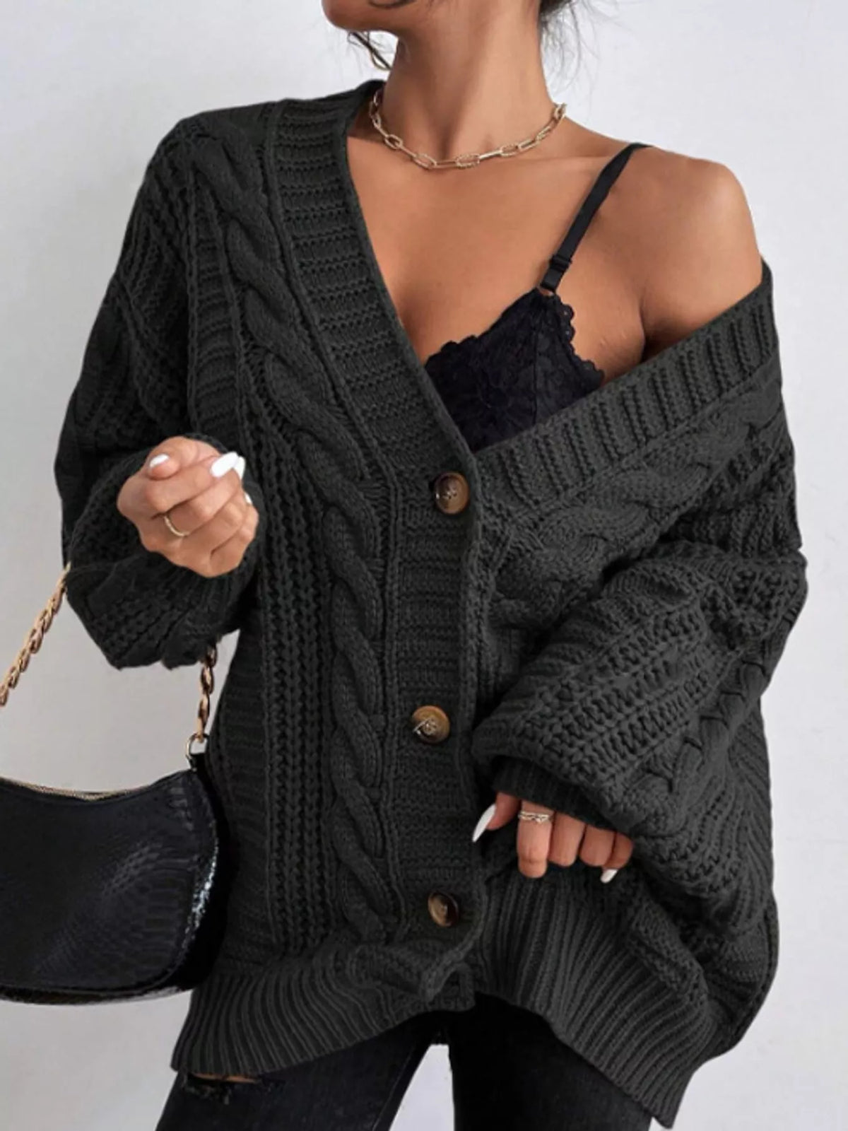 Cable Knit Button-Down Cardigan - Black - View 16