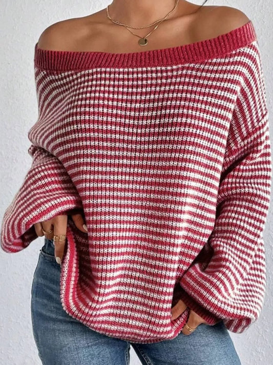 Striped Knit Boat Neck Sweater - Red - View 1