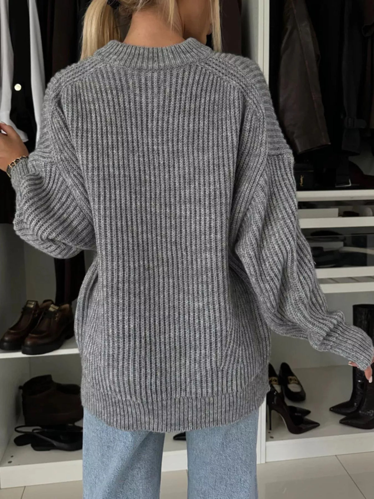 Ribbed Knit Crew Neck Sweater - Gray - View 5