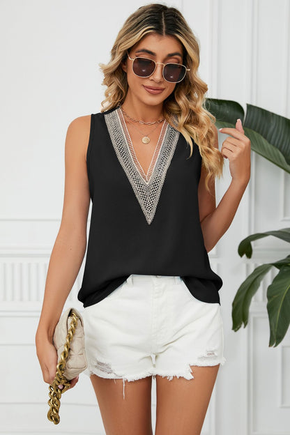Contrast Trim Plunge Sleeveless Blouse - Black - View 1