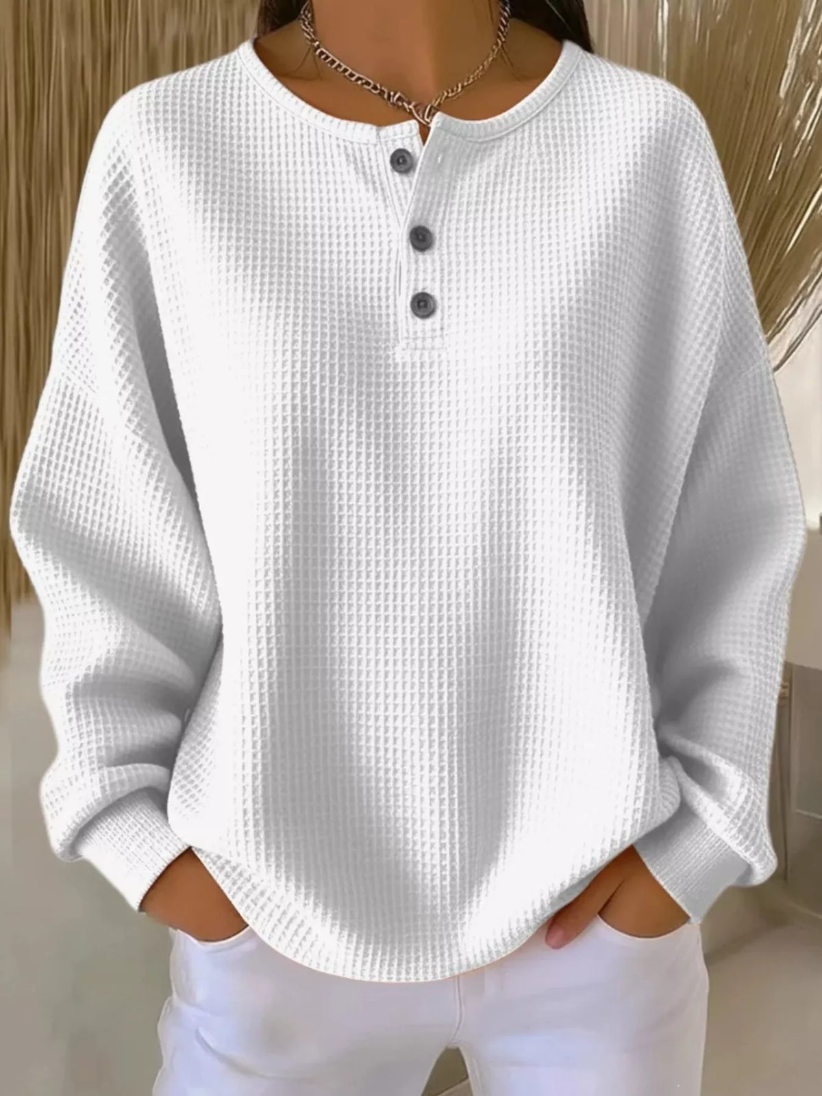 Full Size Waffle Knit Button Detail Top Plus Size - White - View 1