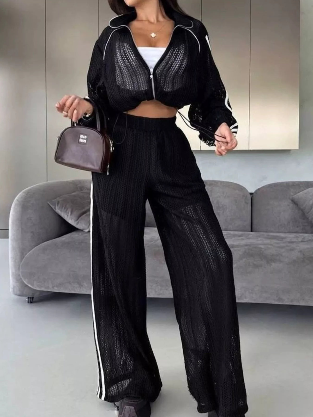 Side Stripes Zip Up Top and Pants Set - Black - View 1