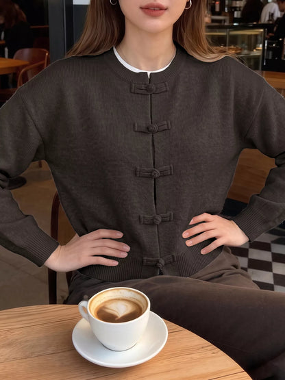 Chinese-Style Button Knit Cardigan - Coffee Brown - View 6