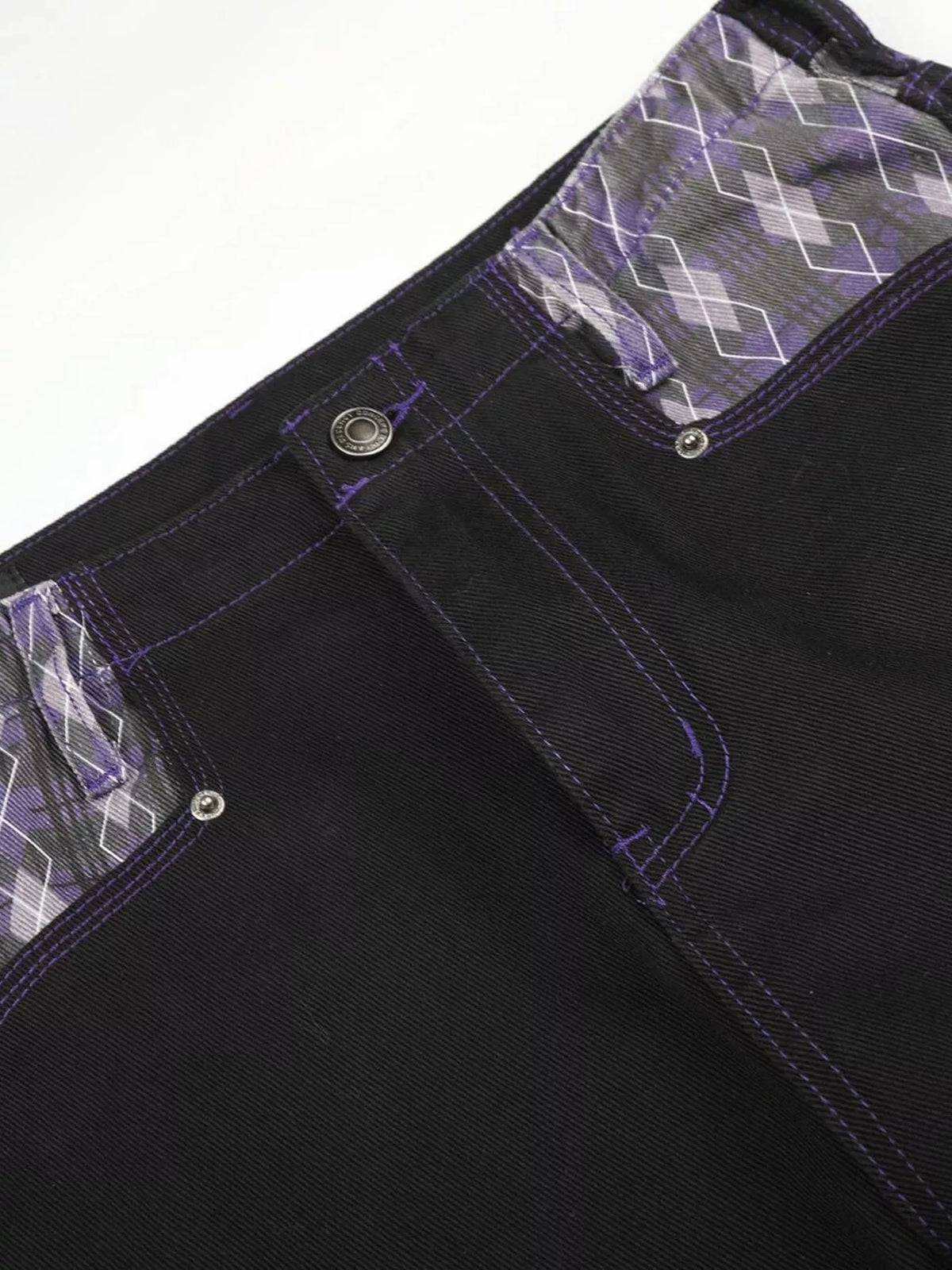 Men's High-Waisted Wide-Leg Jeans with Argyle Pattern Accents - Black - View 9