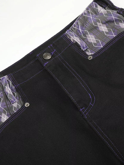 Men's High-Waisted Wide-Leg Jeans with Argyle Pattern Accents - Black - View 9
