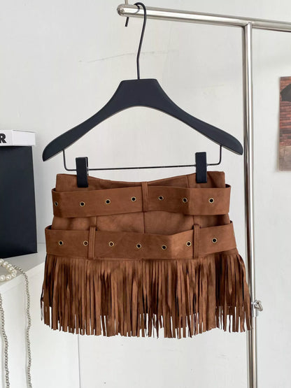 Fringe Belted Mini Skirt - Khaki - View 2