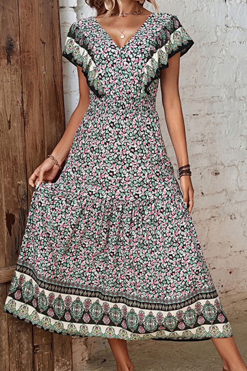 Perfee Ditsy Floral Ruffled Plunge Dress - Floral - View 3