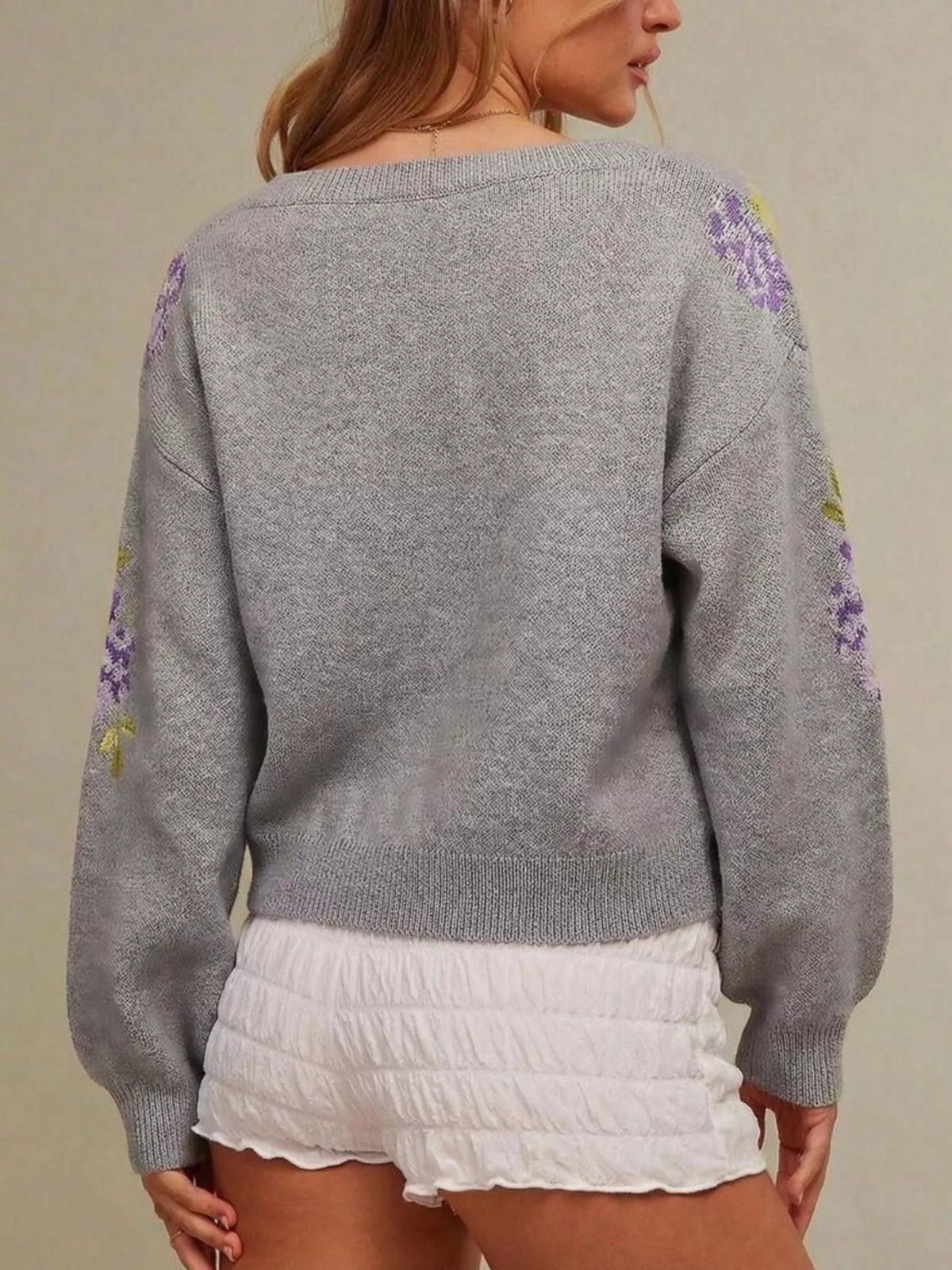 Floral Pattern Dropped Shoulder Sweater - Gray - View 14