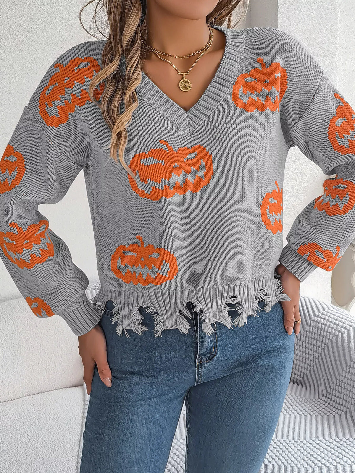 Pumpkin Distressed Hem Sweater - Gray - View 6