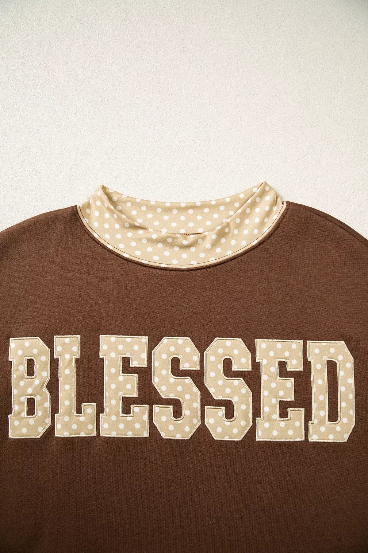 Polka Dot Trim High Neck BLESSED Letter Graphic Baggy Sweatshirt - Dark Brown - View 4