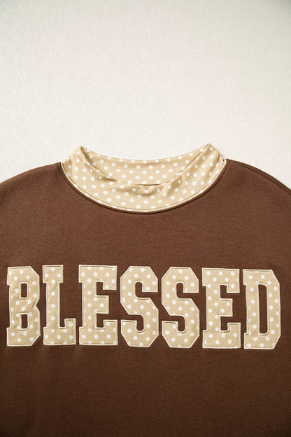 Polka Dot Trim High Neck BLESSED Letter Graphic Baggy Sweatshirt - Dark Brown - View 4