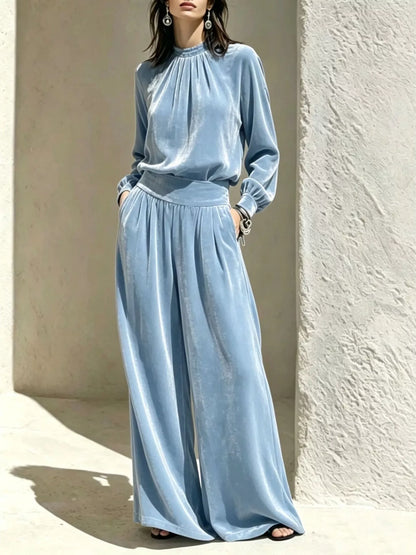 Velvet Mock Neck Long Sleeve Top and Wide-Leg Pants Set - Light Blue - View 1
