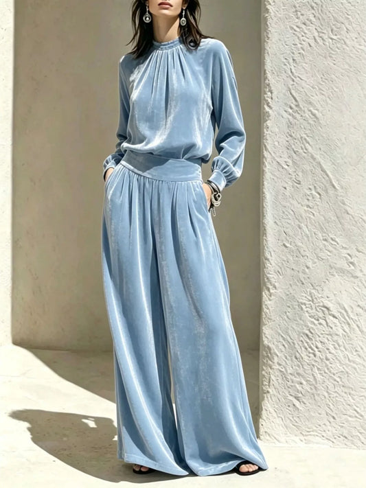 Velvet Mock Neck Long Sleeve Top and Wide-Leg Pants Set - Light Blue - View 1
