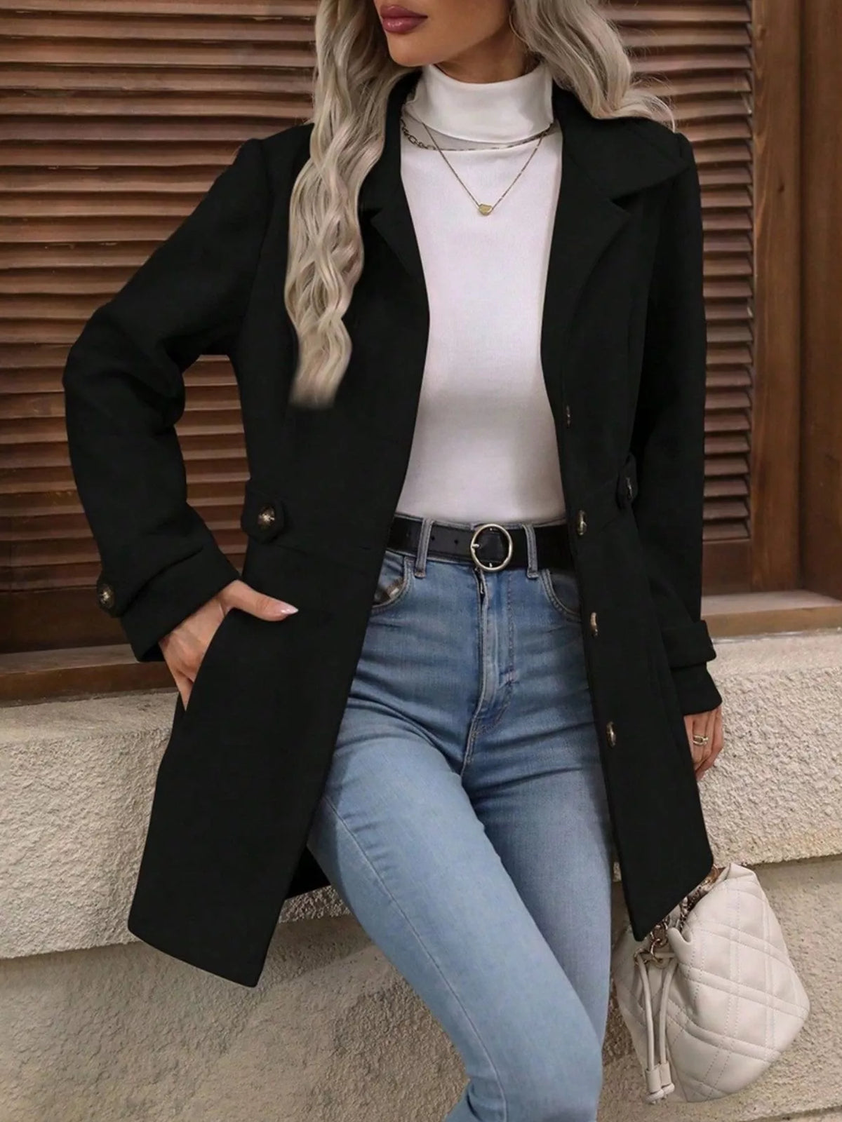 Single-Breasted Long Sleeve Coat - Black - View 1