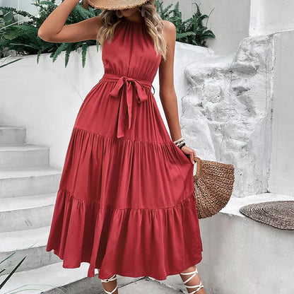 Perfee Tie Belt Tiered Midi Dress - Burgundy - View 1