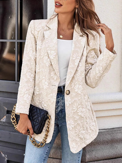 Floral Jacquard One Button Long Sleeve Blazer - Eggshell - View 1