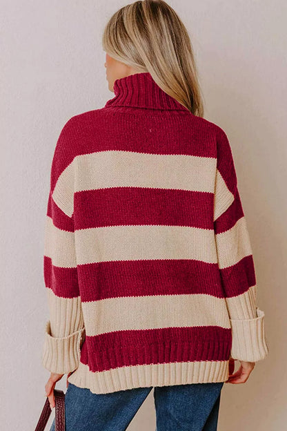 Stripe Ribbed Trim High Neck Relaxed Pullover Sweater - Burgundy - View 2
