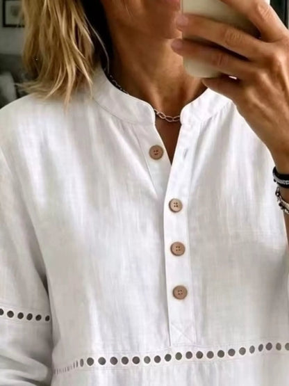 Full Size Button Detail Eyelet Long Sleeve Blouse Plus Size - White - View 2