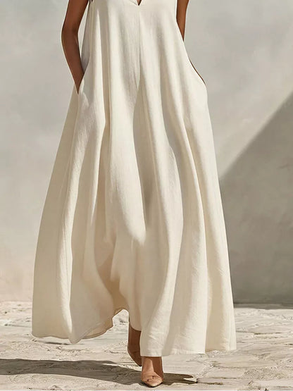 Sleeveless Maxi Dress with Side Pockets - White - View 3