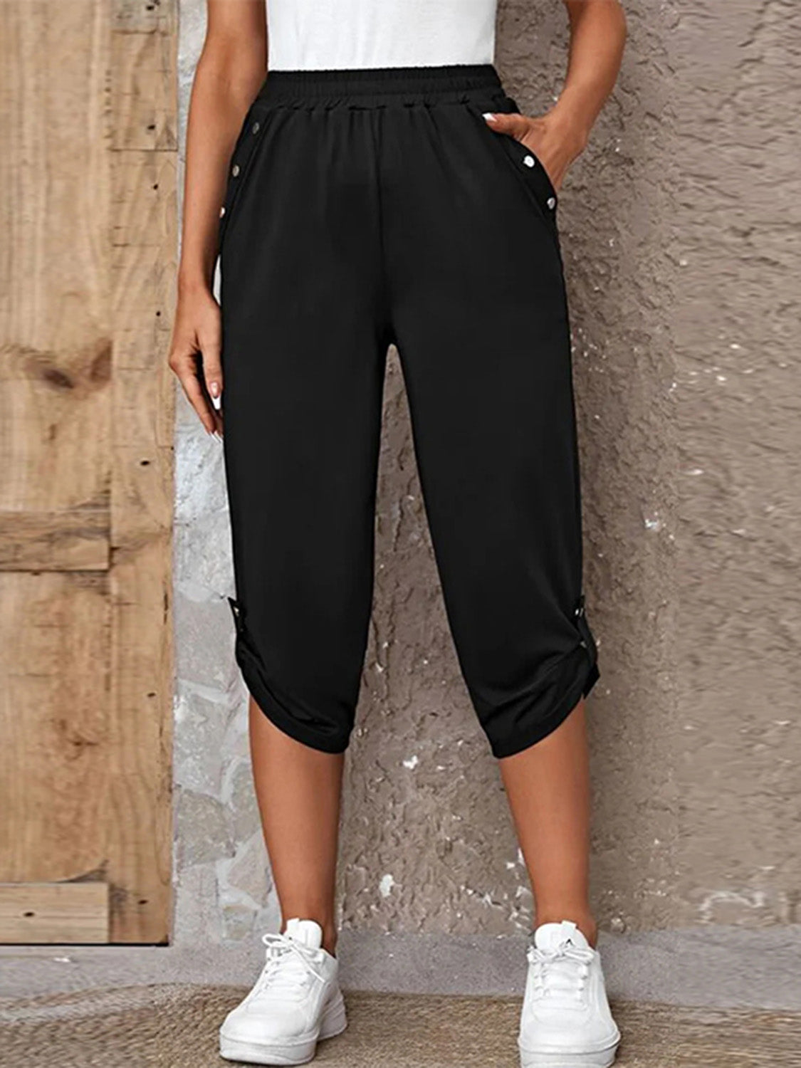 Full Size Roll-Tab Capris Pants - Black - View 4