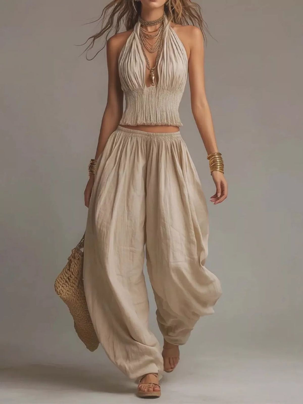 Full Size Halter Neck Top and Wide-Leg Harem Pants Two-Piece Set Plus Size - Khaki - View 1